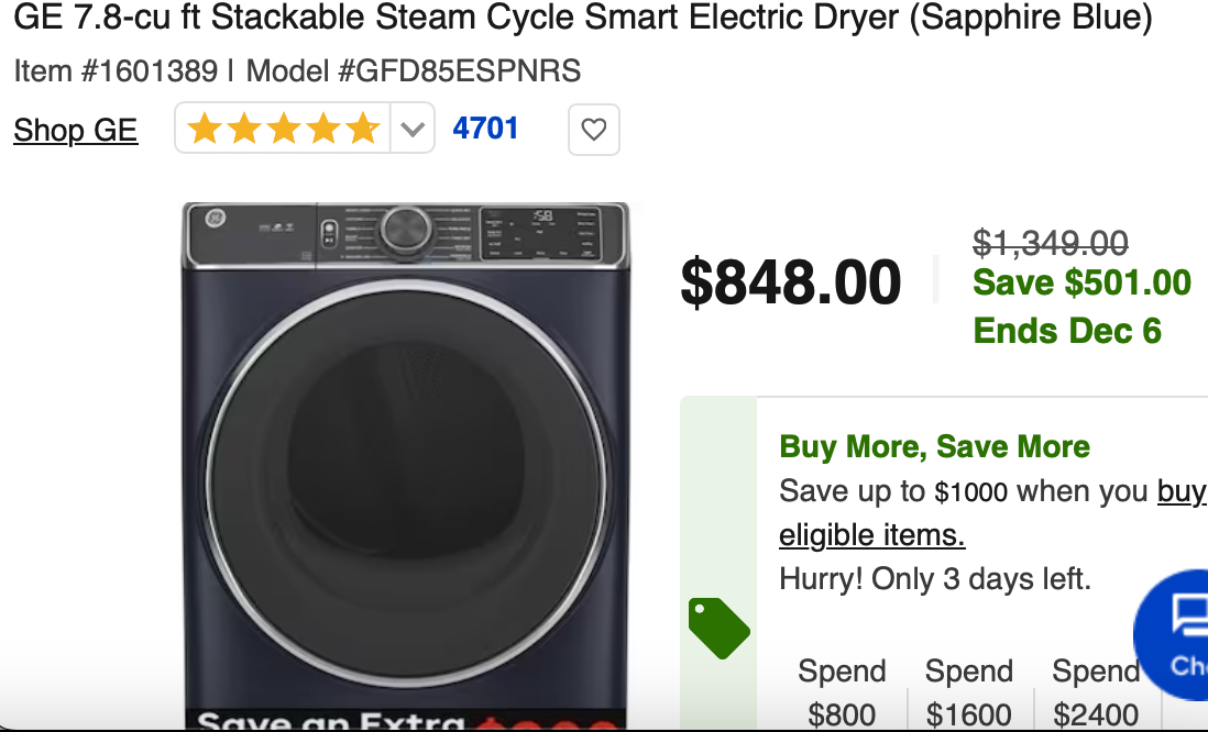 GE 7.8-cu ft Stackable Steam Cycle Smart Electric Dryer (Sapphire Blue)
